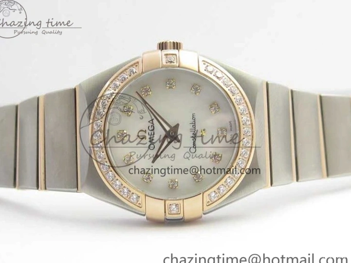 0212 NewStyle Constellation Ladies 27mm ZF 1:1 Best Edition SS RG White MOP Dial Diamonds Bezel & Markers on SS RG Bracelet ETA Quartz 7943